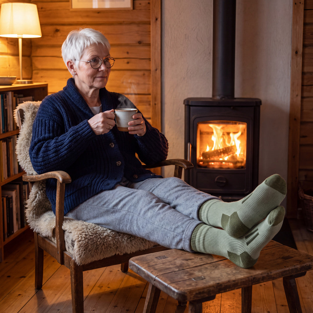 Kvinna i armégröna Arctic Thermal Socks dricker te i fåtöljen vid kaminen