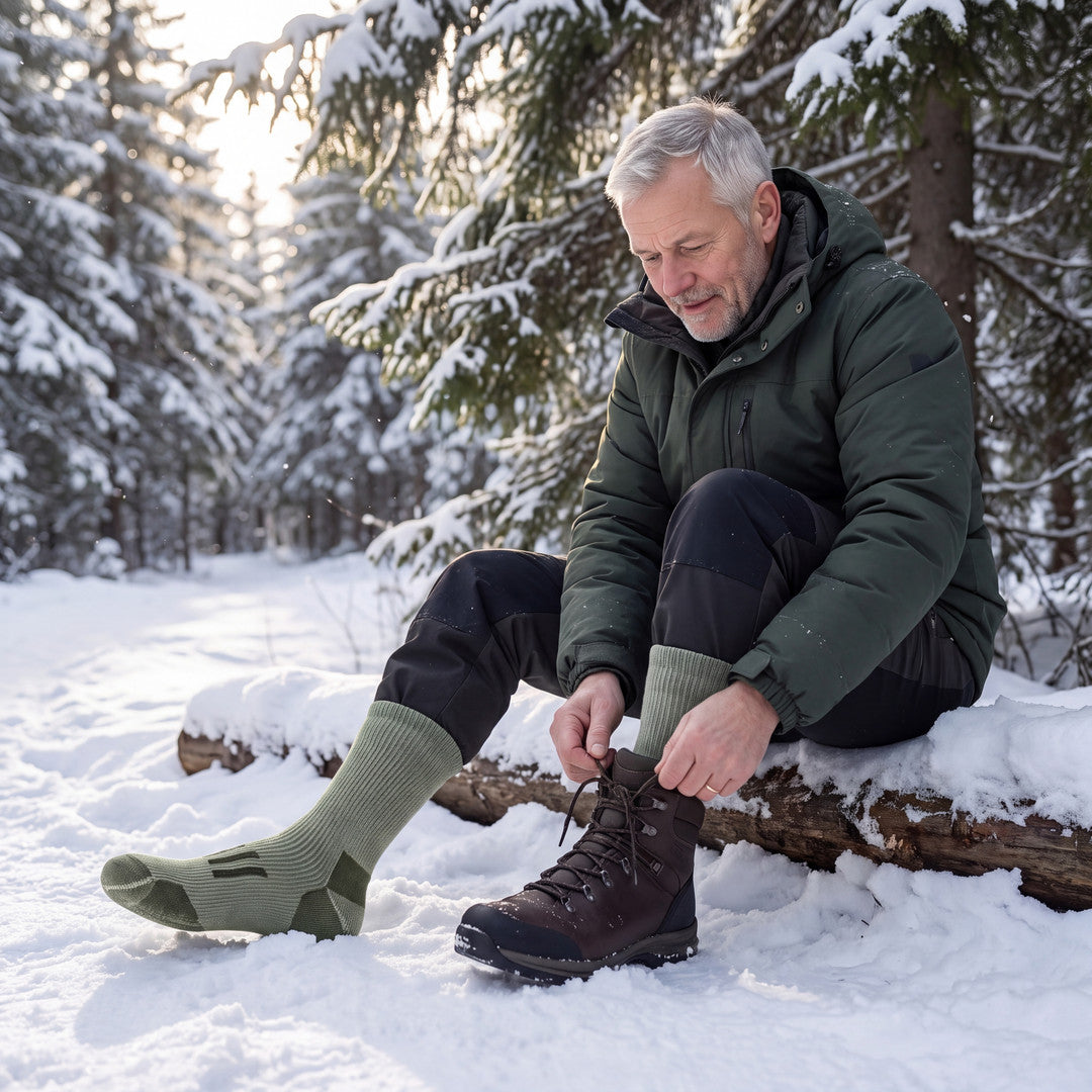 Man i armégröna Arctic Thermal Socks knyter kängorna på en stock i vinterskogen