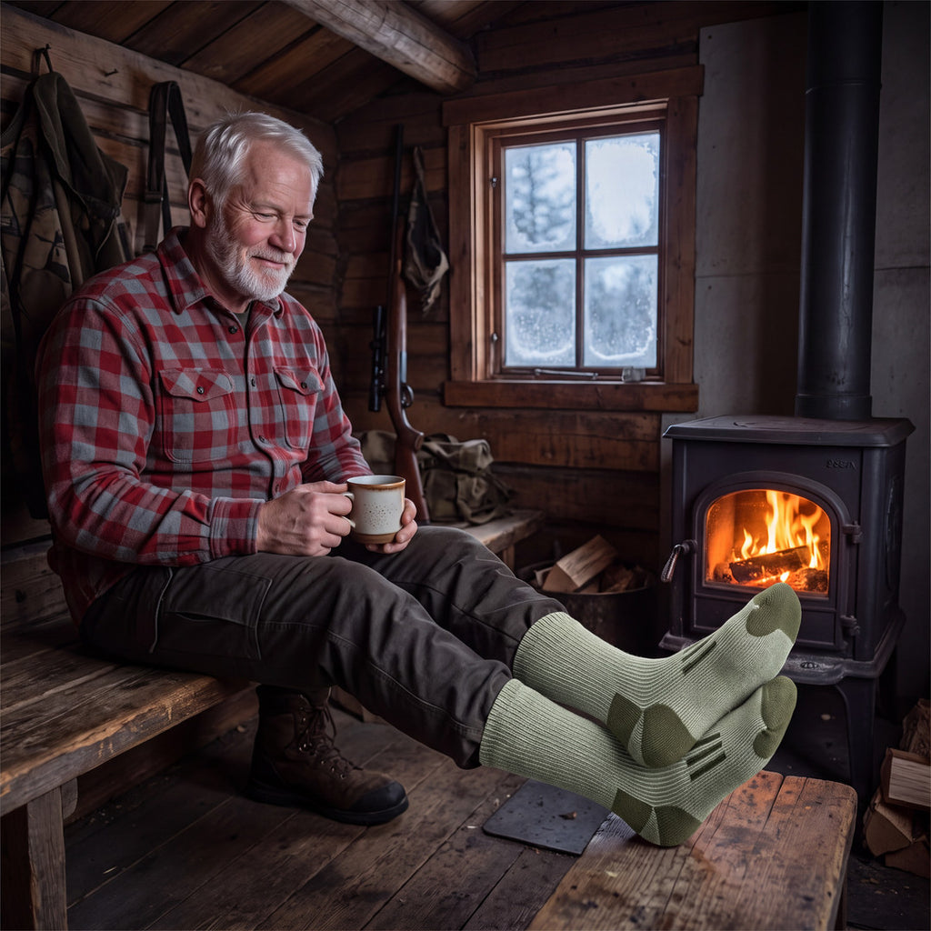 Man i armégröna Arctic Thermal Socks värmer fötterna vid kaminen i stugan