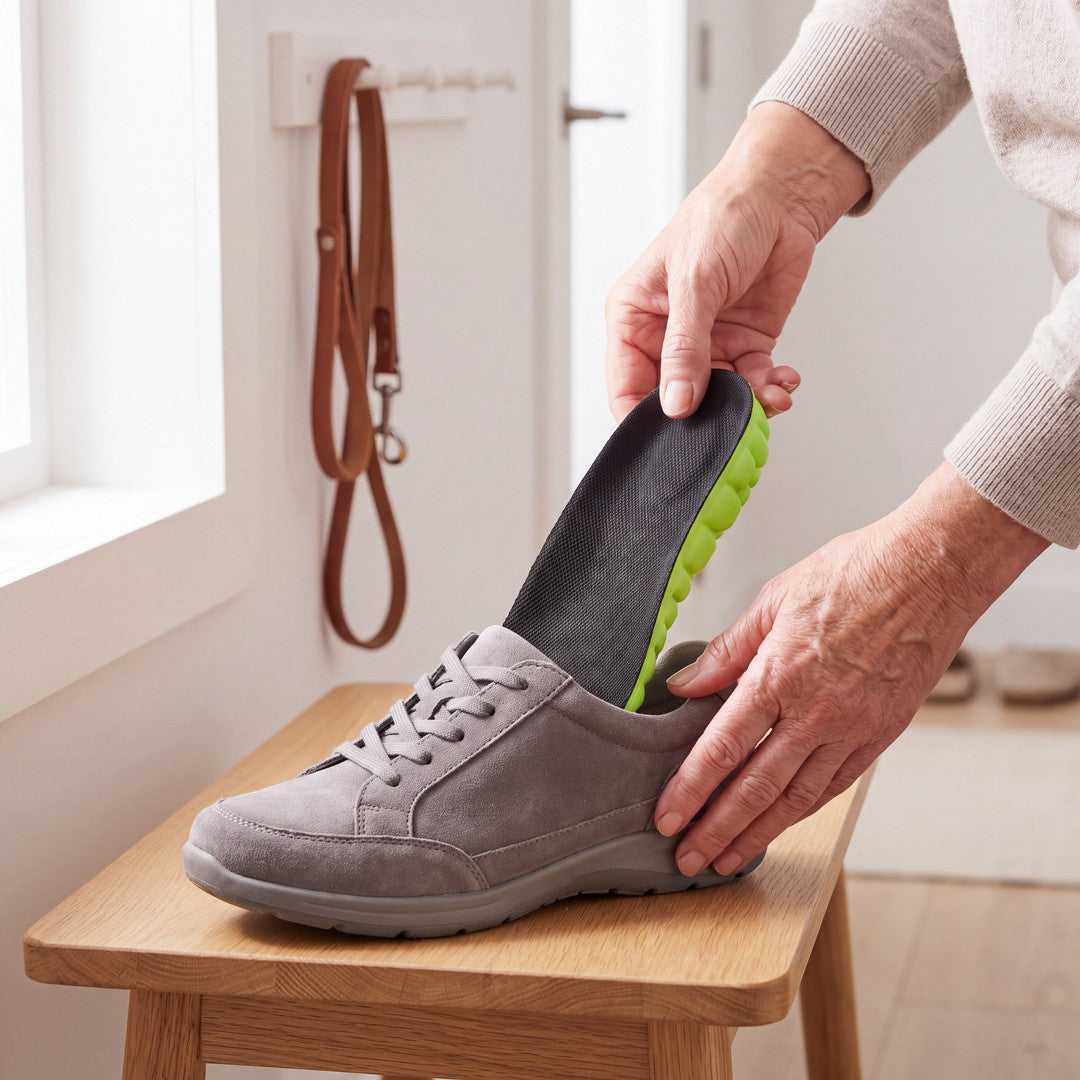 Kvinna lägger Cloud Comfort Insoles i en promenadsko