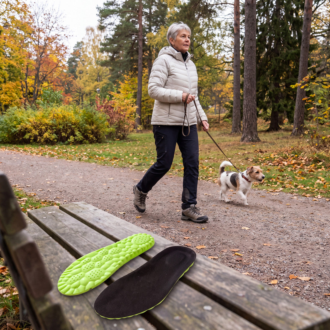 Cloud Comfort Insoles på en parkbänk under en promenad