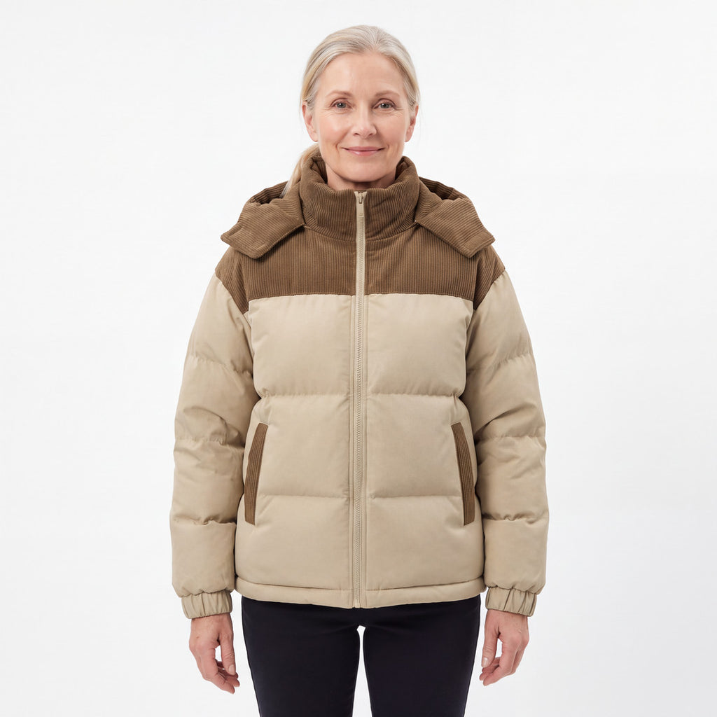 Cord Puffer Jacket för dam i khaki, kvinna framifrån mot vit bakgrund