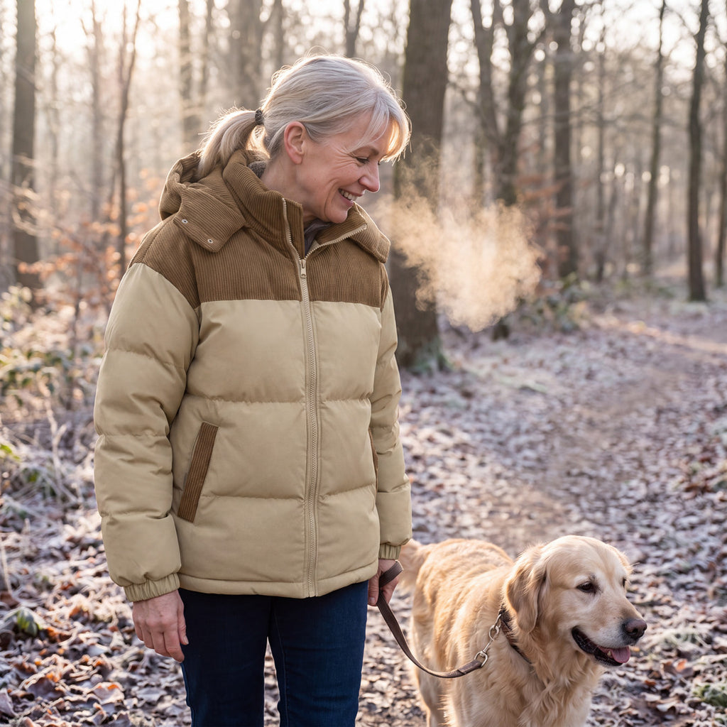 Kvinna i Cord Puffer Jacket i khaki på hundpromenad i frostig skog
