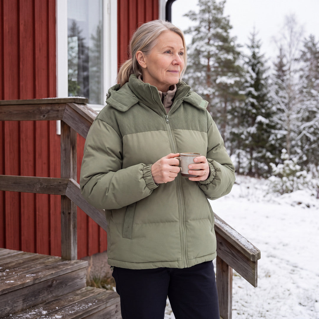 Kvinna i Cord Puffer Jacket i salviagrön med kaffe på stugtrappan i snön