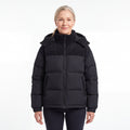 Cord Puffer Jacket för dam i svart, kvinna framifrån mot vit bakgrund