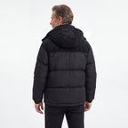 Cord Puffer Jacket för herr i svart, baksida med huva i manchester