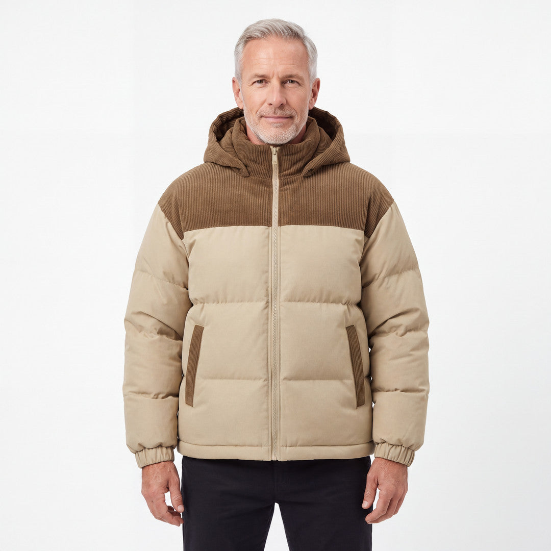 Cord Puffer Jacket för herr i khaki, man framifrån mot vit bakgrund