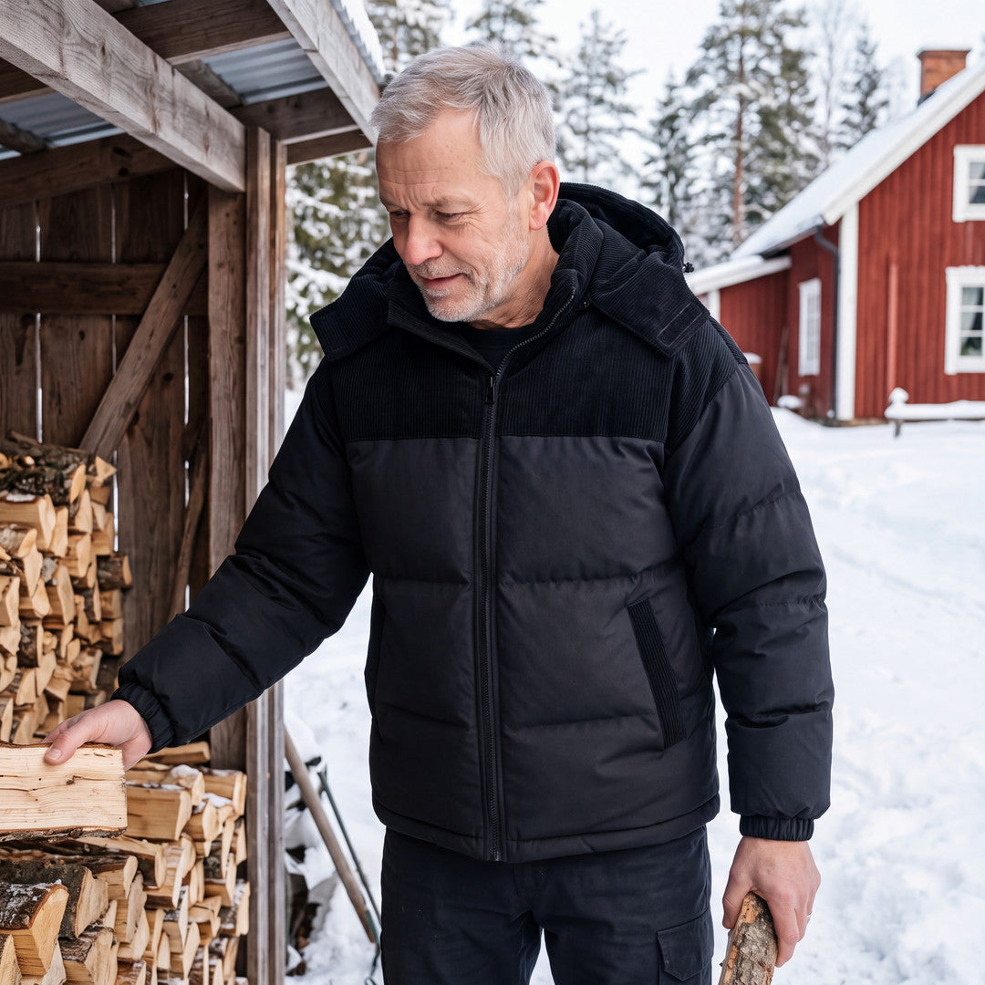 Man i Cord Puffer Jacket i svart staplar ved vid stugan i snön