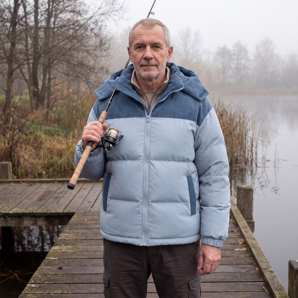 Man i Cord Puffer Jacket i ljusblå med fiskespö på bryggan en dimmig morgon