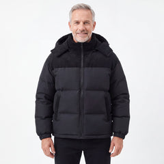Cord Puffer Jacket för herr i svart, man framifrån mot vit bakgrund