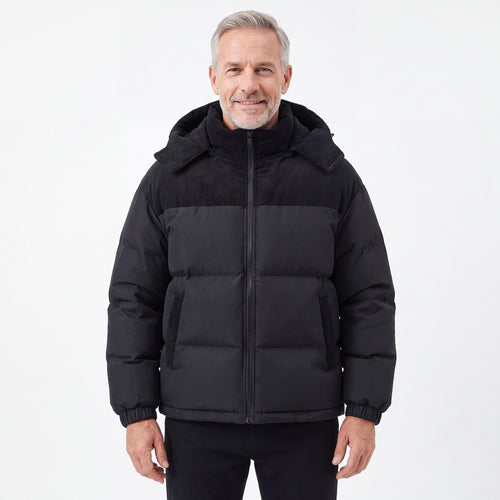 Cord Puffer Jacket voor heren in zwart, man van voren tegen een witte achtergrond