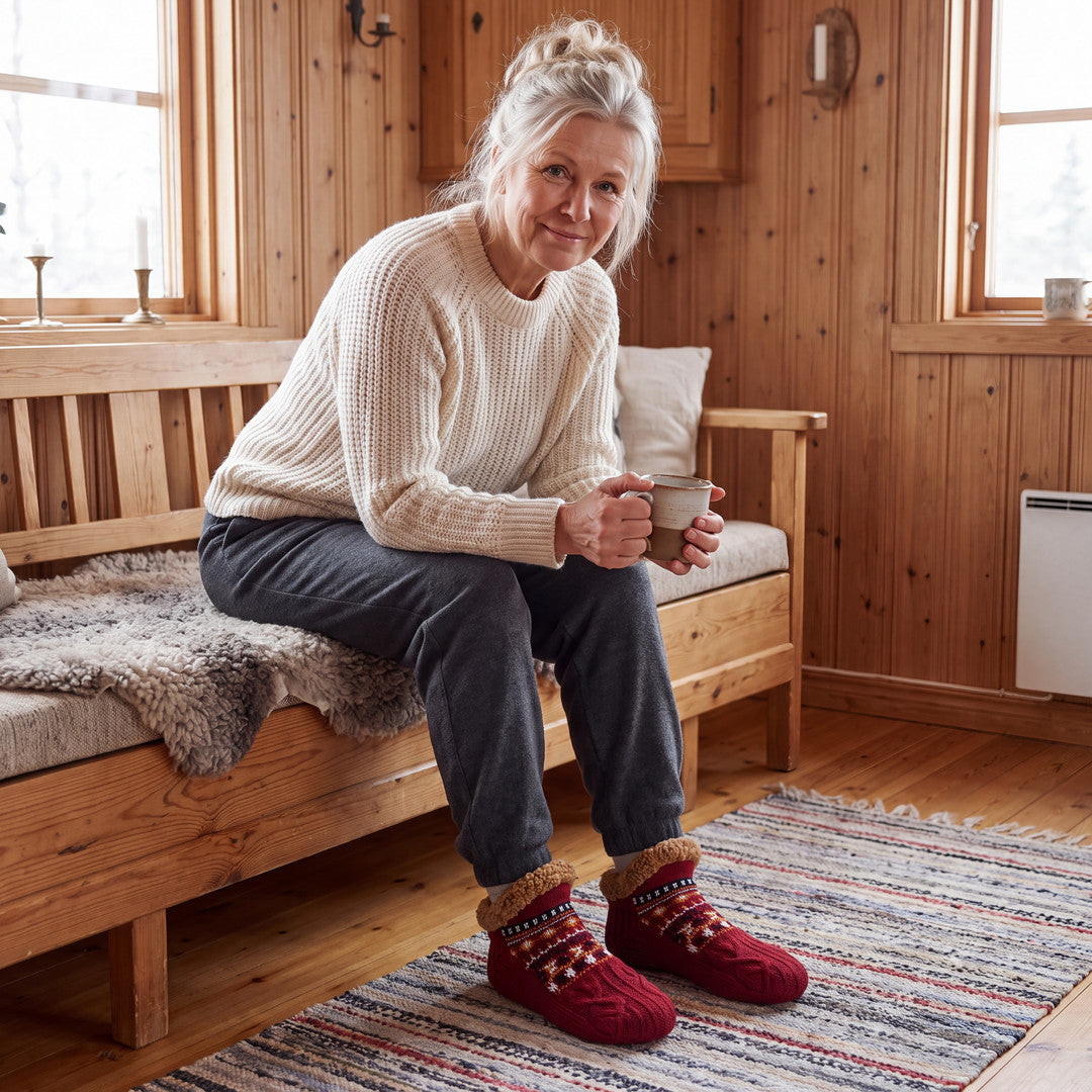 Kvinna i röda Nordic Knit Slipper Socks med kaffe på träsoffan i stugan