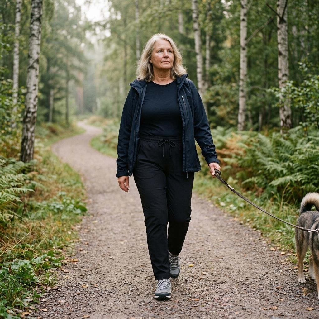 Kvinna går med sin hund på en skogsstig en sommarmorgon