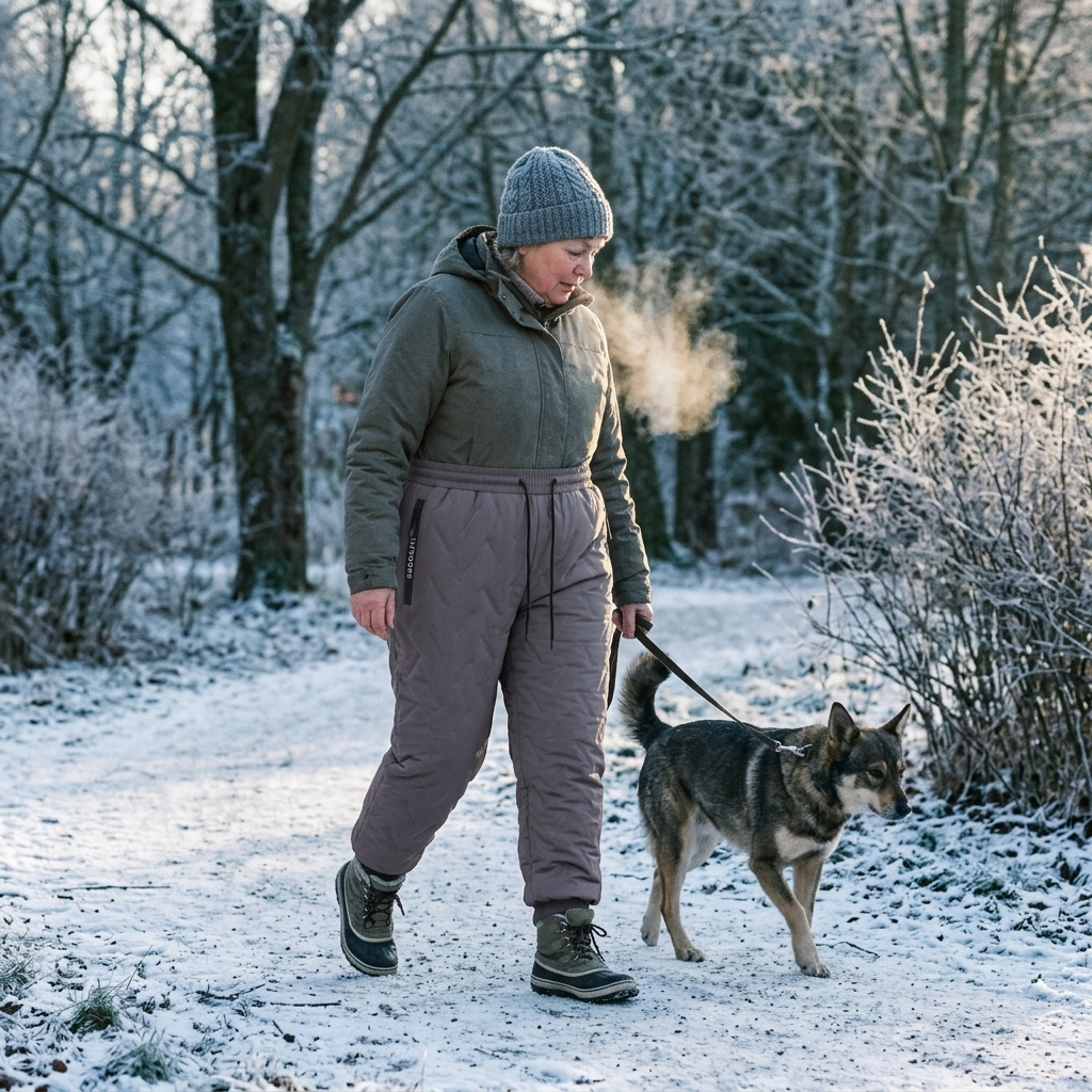 Kvinna går med sin hund en frostig vintermorgon