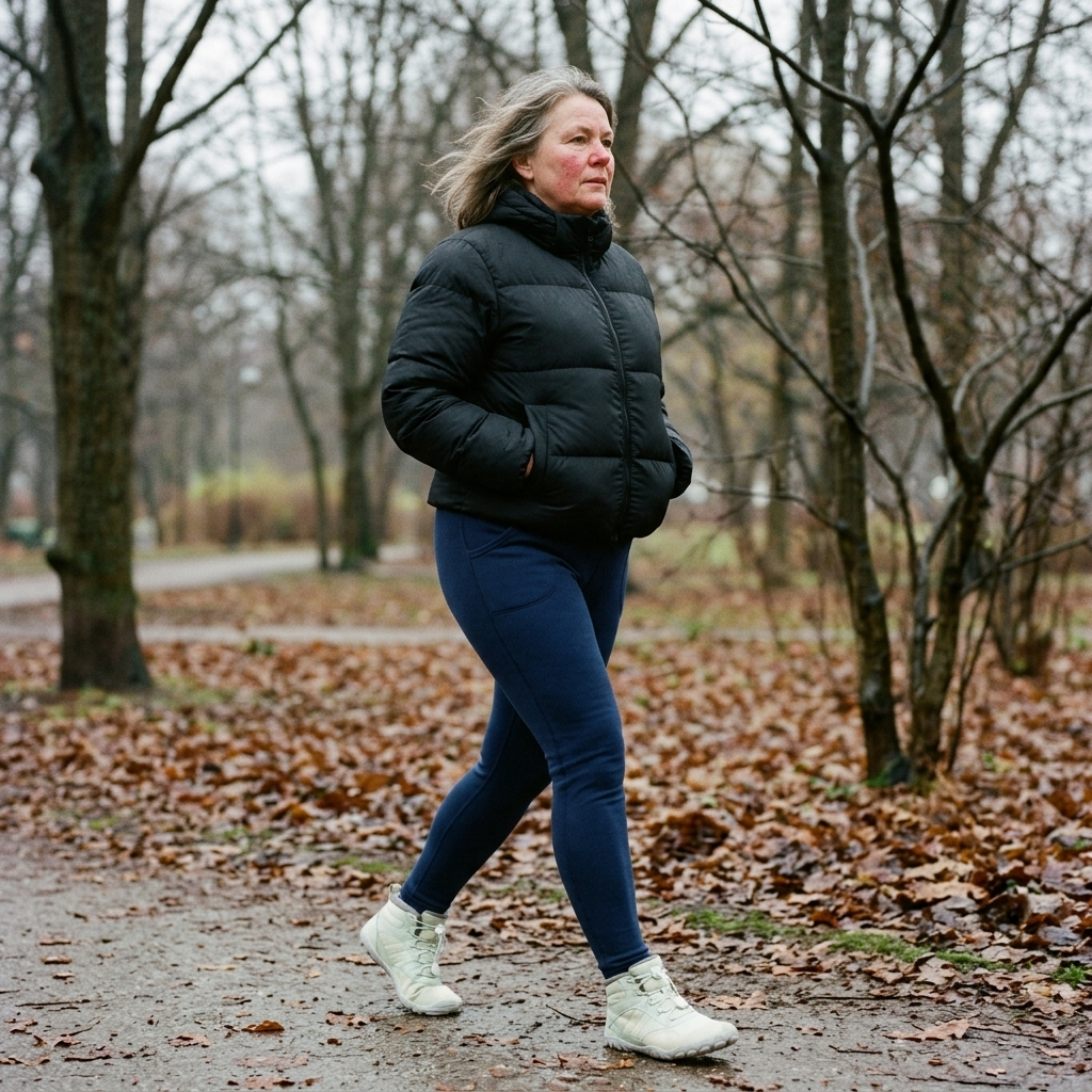 Kvinna på promenad i en höstpark en kall dag