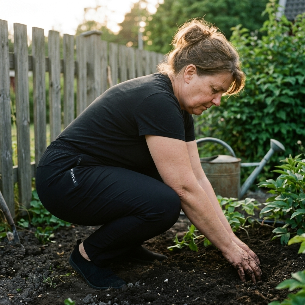 Kvinna sitter på huk och planterar i sin trädgård