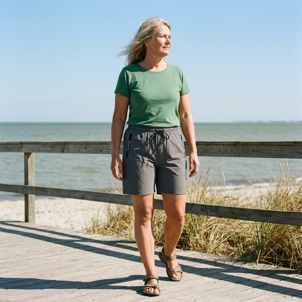 Kvinna promenerar på en strandpromenad en varm dag
