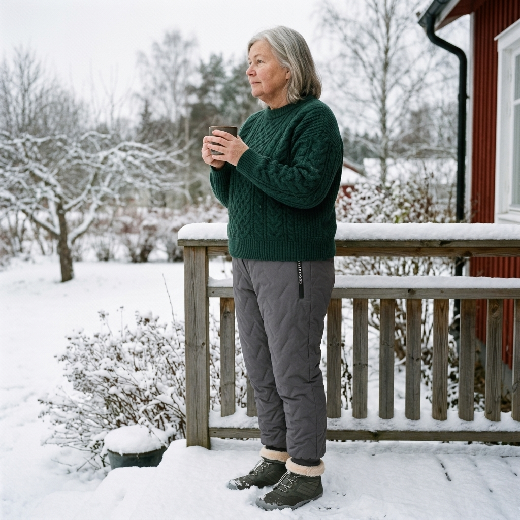 Kvinna står på en snöig altan med en varm dryck
