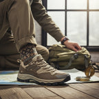 OUTDOORS NORDIC low ortho hiking shoes in beige mesh with durable TPU soles, worn by a hiker with a map and compass.