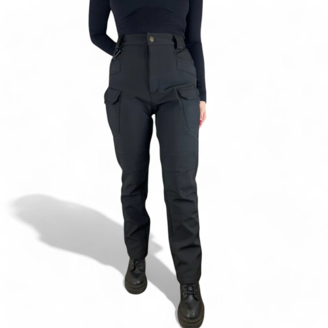 OUTDOORS NORDIC black fleece-lined utility pants with multiple cargo pockets and a durable, windproof stretch fabric.