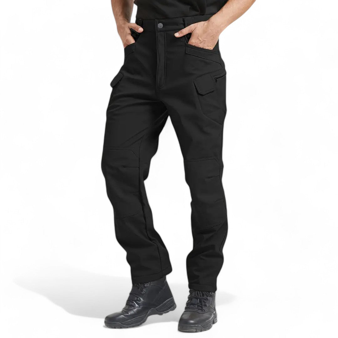 OUTDOORS NORDIC black utility fleece pants with multiple pockets, windproof and waterproof stretch fabric.