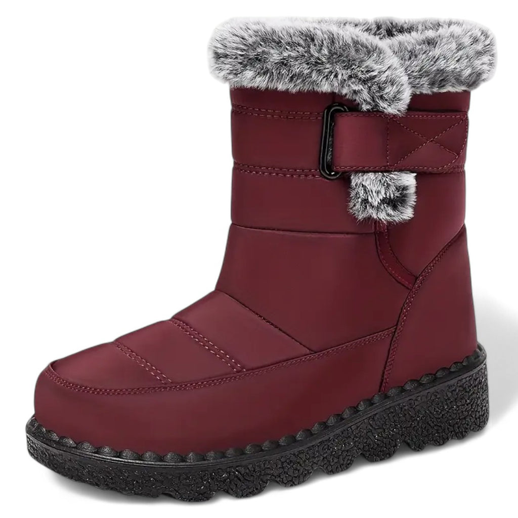 OUTDOORS NORDIC burgundy waterproof winter boots with faux fur trim, warm lining, and non-slip rubber sole.