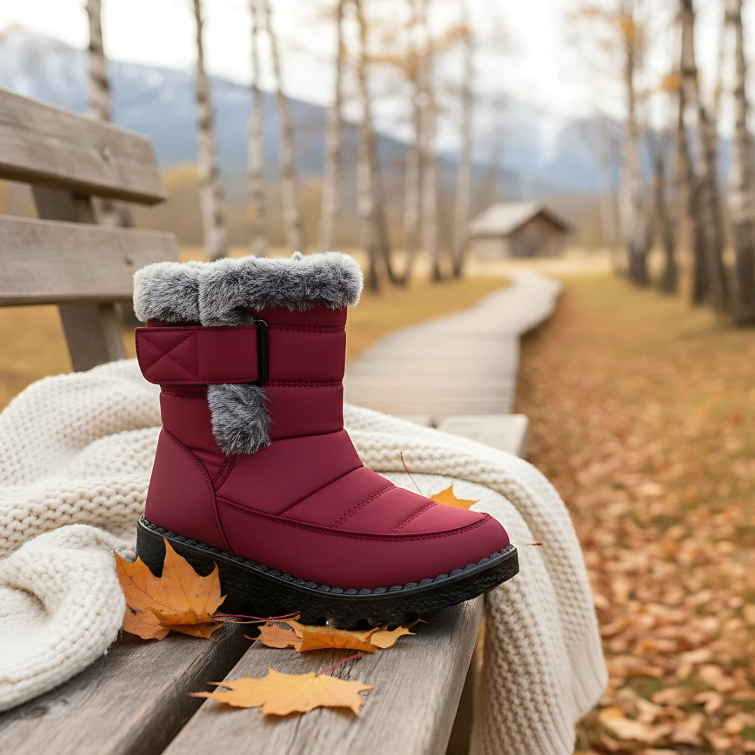 OUTDOORS NORDIC waterproof burgundy winter boots with faux fur trim, velcro strap, and non-slip sole on a park bench.