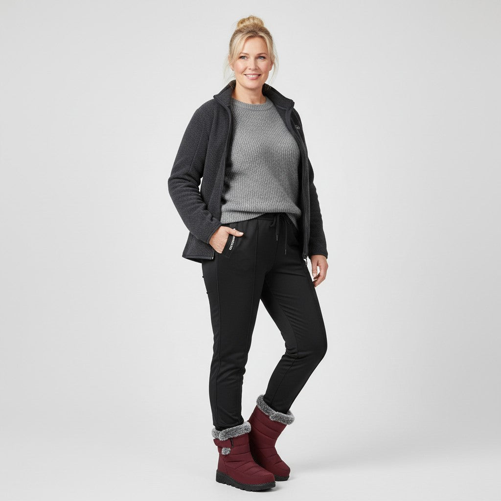 Woman wearing OUTDOORS NORDIC waterproof burgundy winter boots with warm lining and velcro closure