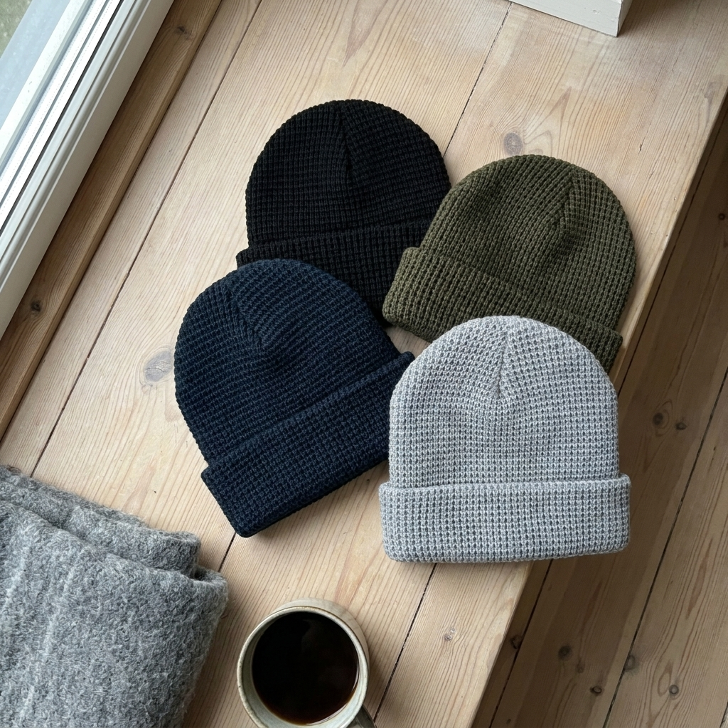 Cozy Waffle Beanie in black, olive green, navy blue and light grey