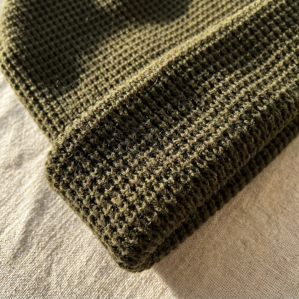 Close-up of the waffle knit texture on the folded cuff of the olive green beanie