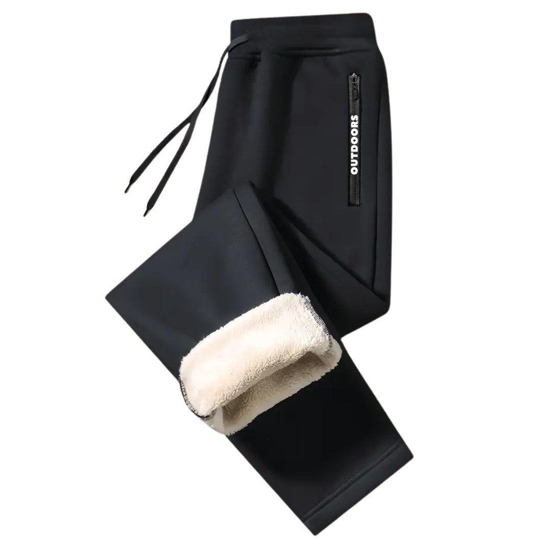 OUTDOORS NORDIC black fleece-lined sweatpants with an elastic drawstring waist and zippered pocket detail.