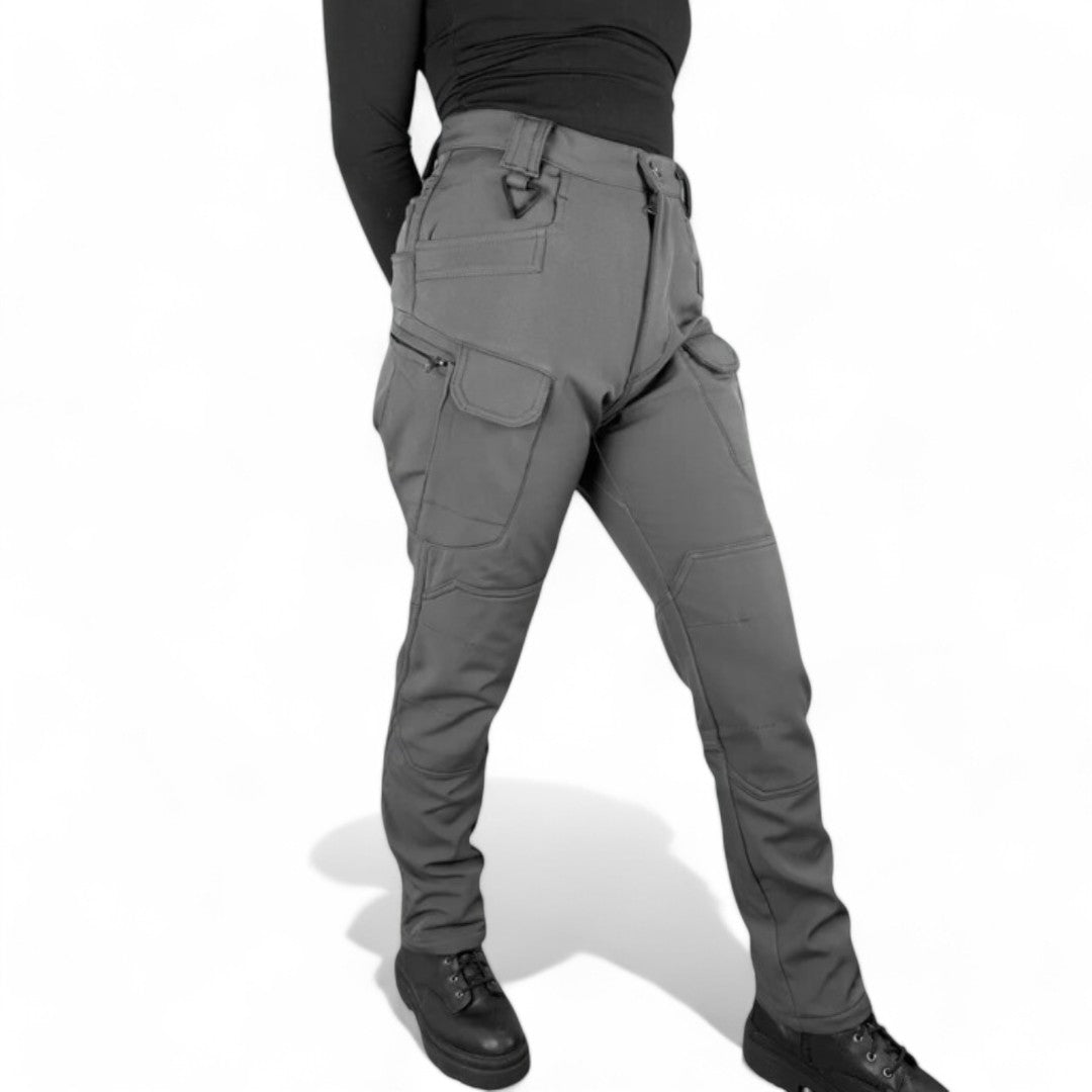 OUTDOORS NORDIC grey fleece-lined utility pants with multiple cargo pockets and a durable windproof stretch fabric.