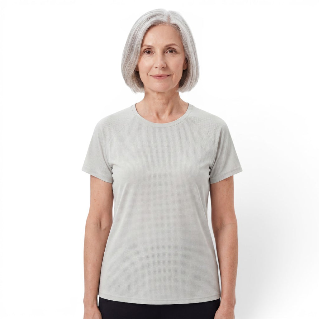 OUTDOORS NORDIC grey quick-dry stretch t-shirt with cooling ice-silk feel worn by a woman on a white background