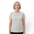 OUTDOORS NORDIC grey quick-dry stretch t-shirt with cooling ice-silk feel worn by a woman on a white background