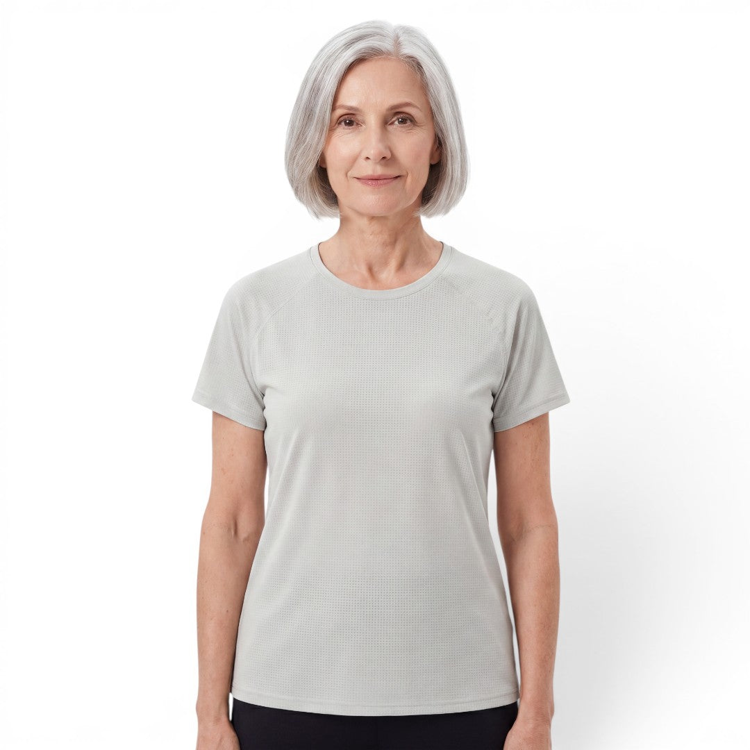 OUTDOORS NORDIC grey quick-dry stretch t-shirt with cooling ice-silk feel worn by a woman on a white background