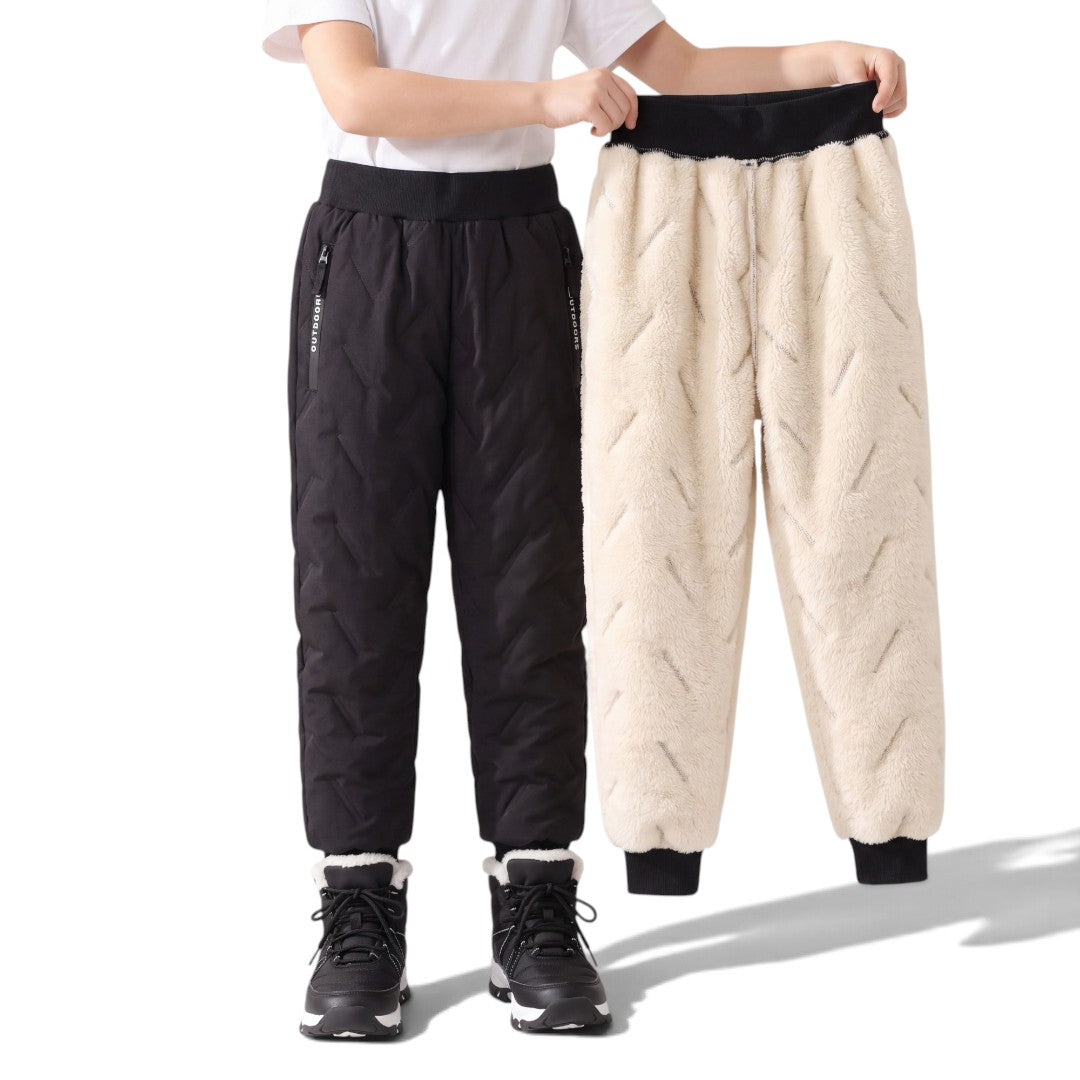 OUTDOORS NORDIC kids' fleece-lined winter pants in black and cream with quilted water-repellent fabric
