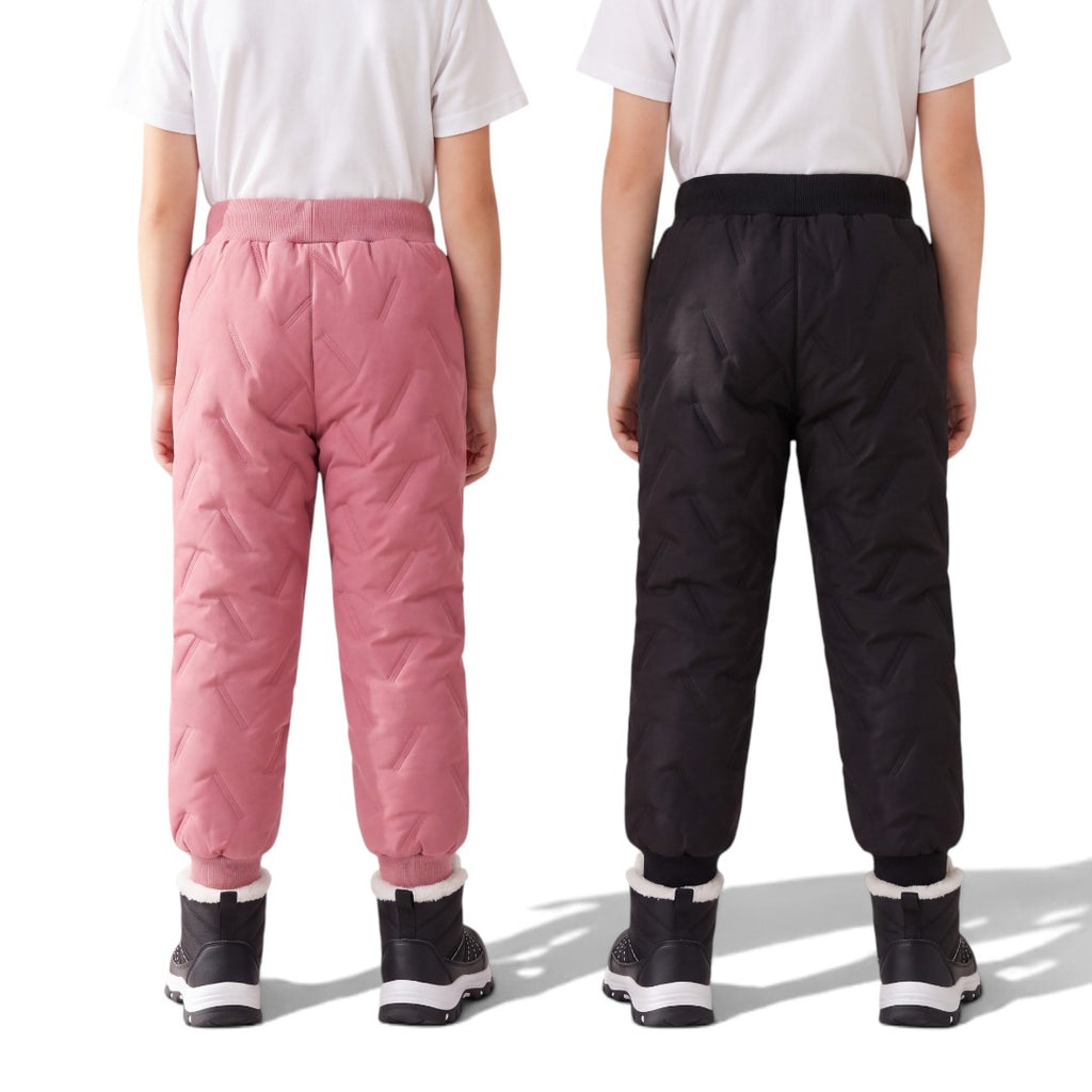 OUTDOORS NORDIC kids' fleece-lined winter pants in pink and black with quilted water-repellent finish, back view.