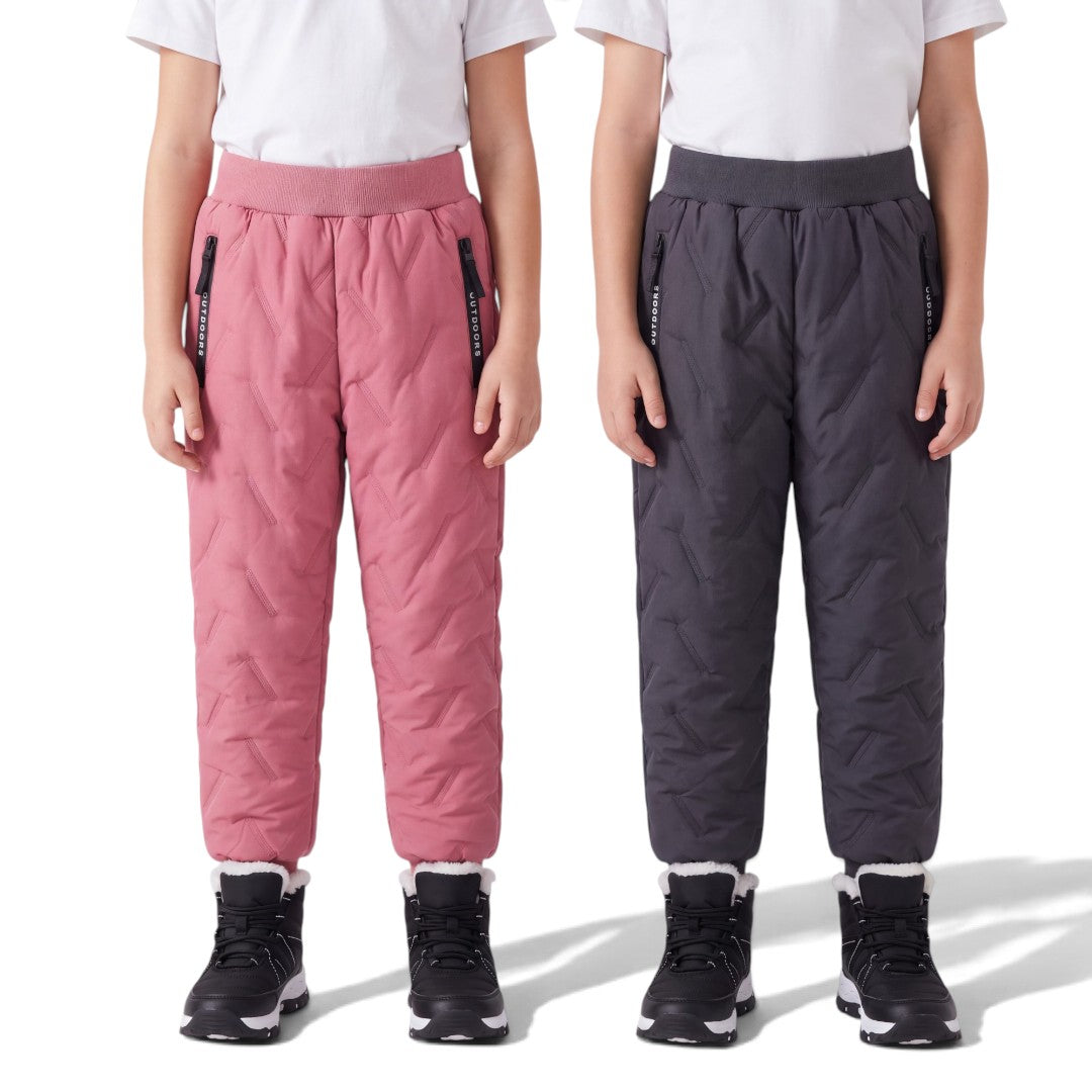 OUTDOORS NORDIC kids' quilted fleece-lined winter pants in pink and dark grey with water-repellent finish.