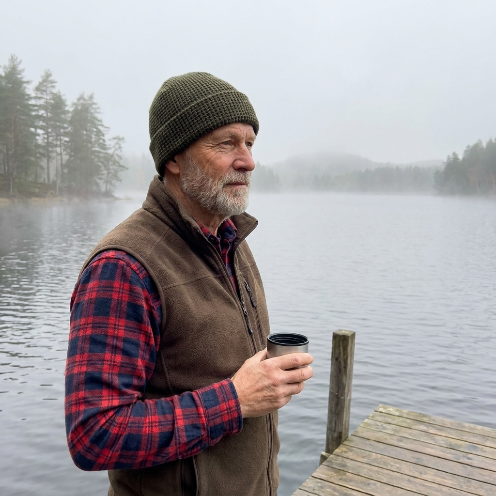 Man in the olive green Cozy Waffle Beanie on a lake jetty on a misty autumn morning