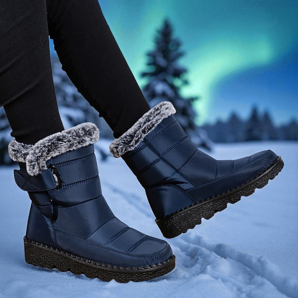 OUTDOORS NORDIC waterproof winter boots in navy blue with faux fur trim and velcro strap on a snowy landscape