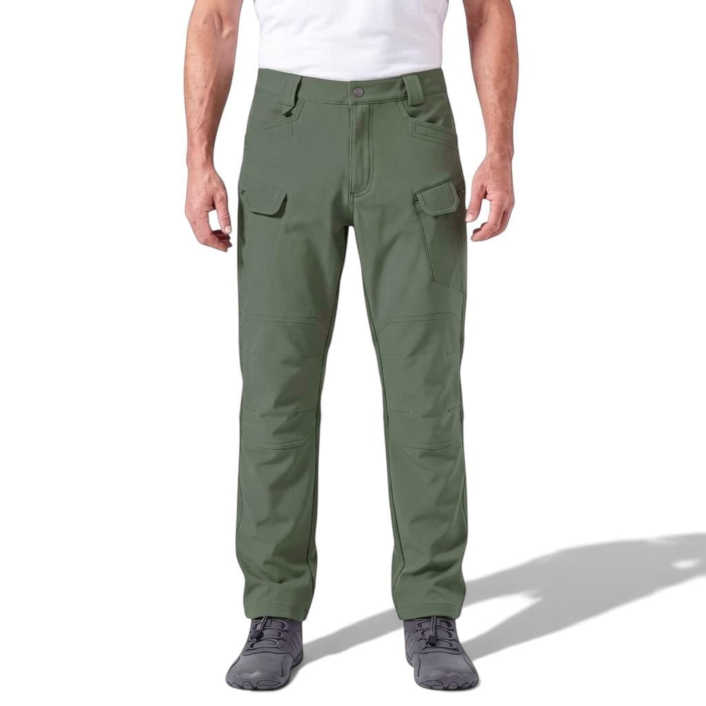 OUTDOORS NORDIC olive green utility fleece pants with multiple cargo pockets, windproof and water-resistant fabric.