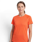 Woman wearing an orange OUTDOORS NORDIC quick-dry stretch t-shirt with a smooth, cooling ice-silk feel.