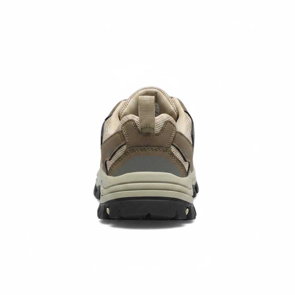 Rear view of OUTDOORS NORDIC beige and brown orthopedic hiking shoes with breathable mesh and durable TPU sole