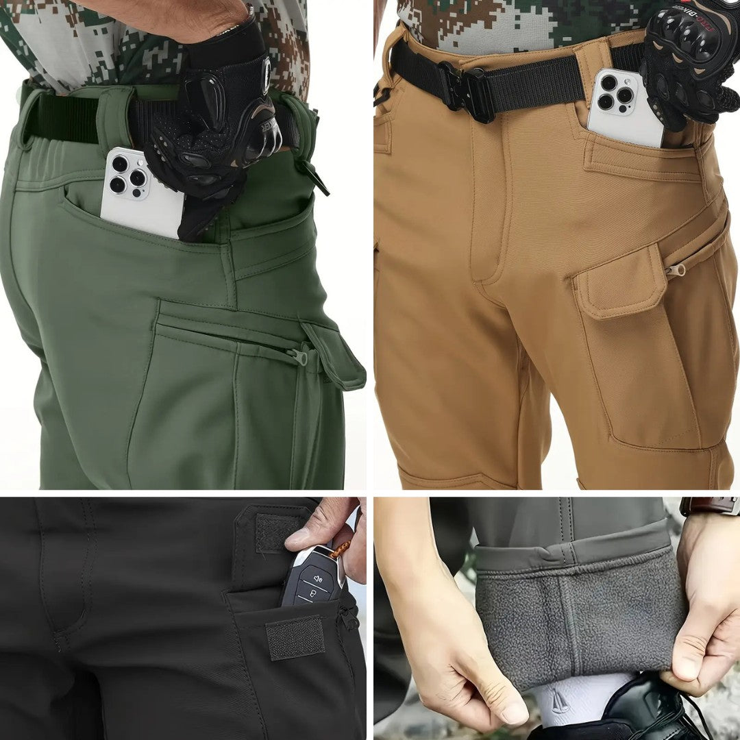 OUTDOORS NORDIC utility fleece pants in green, tan, and black featuring multiple pockets and warm fleece lining.