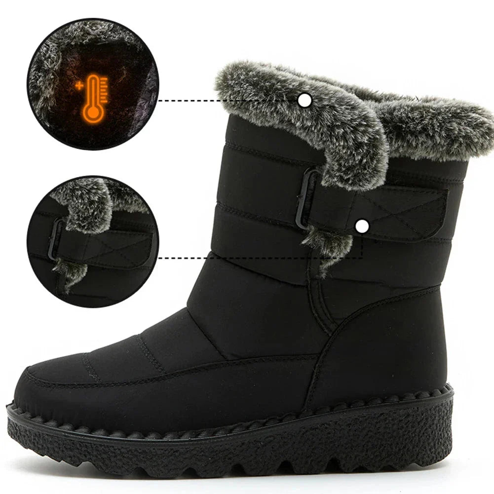 OUTDOORS NORDIC waterproof black winter boots with warm faux fur lining, velcro strap, and non-slip rubber sole.