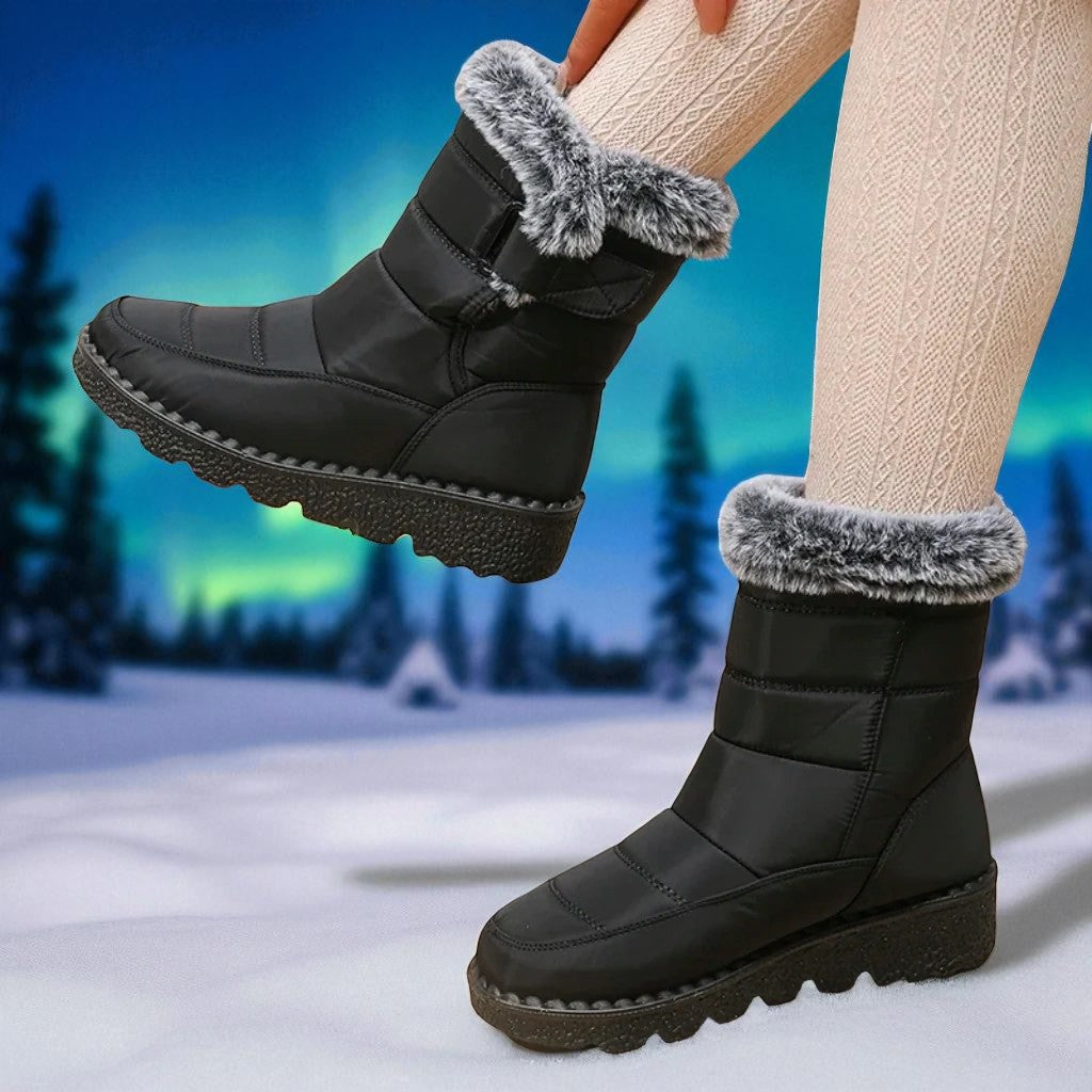 OUTDOORS NORDIC waterproof black winter boots with faux fur trim, flannel lining, and non-slip soles in snowy setting