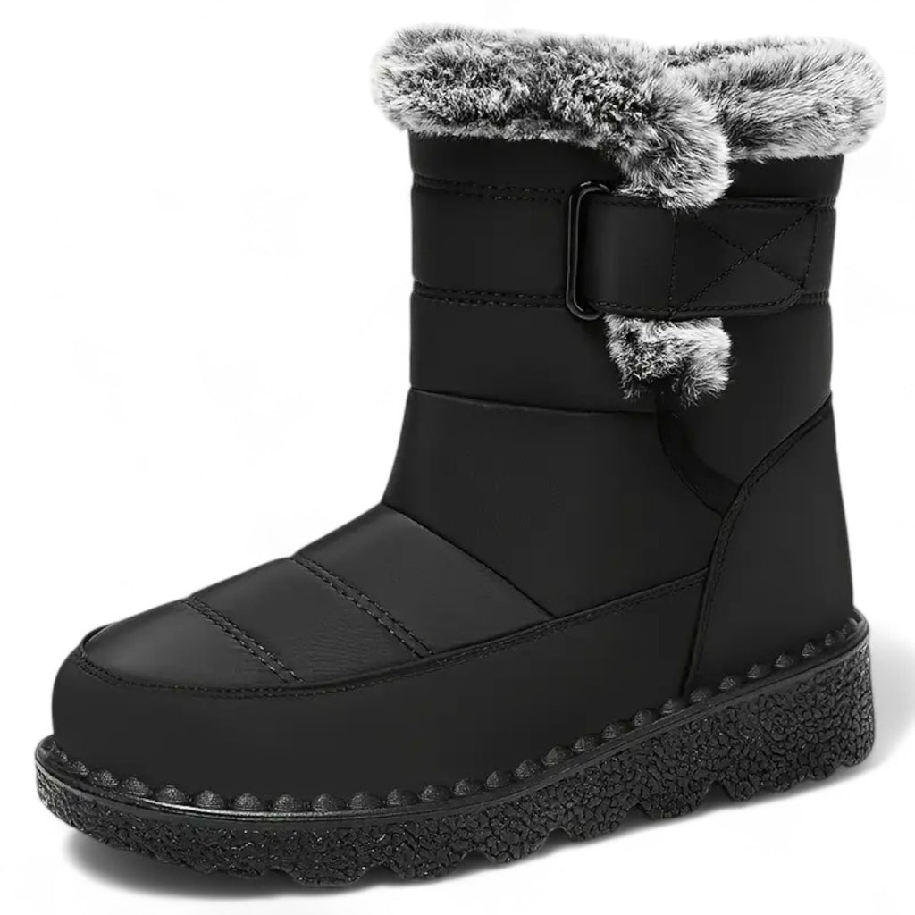 OUTDOORS NORDIC waterproof black winter boots with faux fur trim, flannel lining, and non-slip rubber soles.