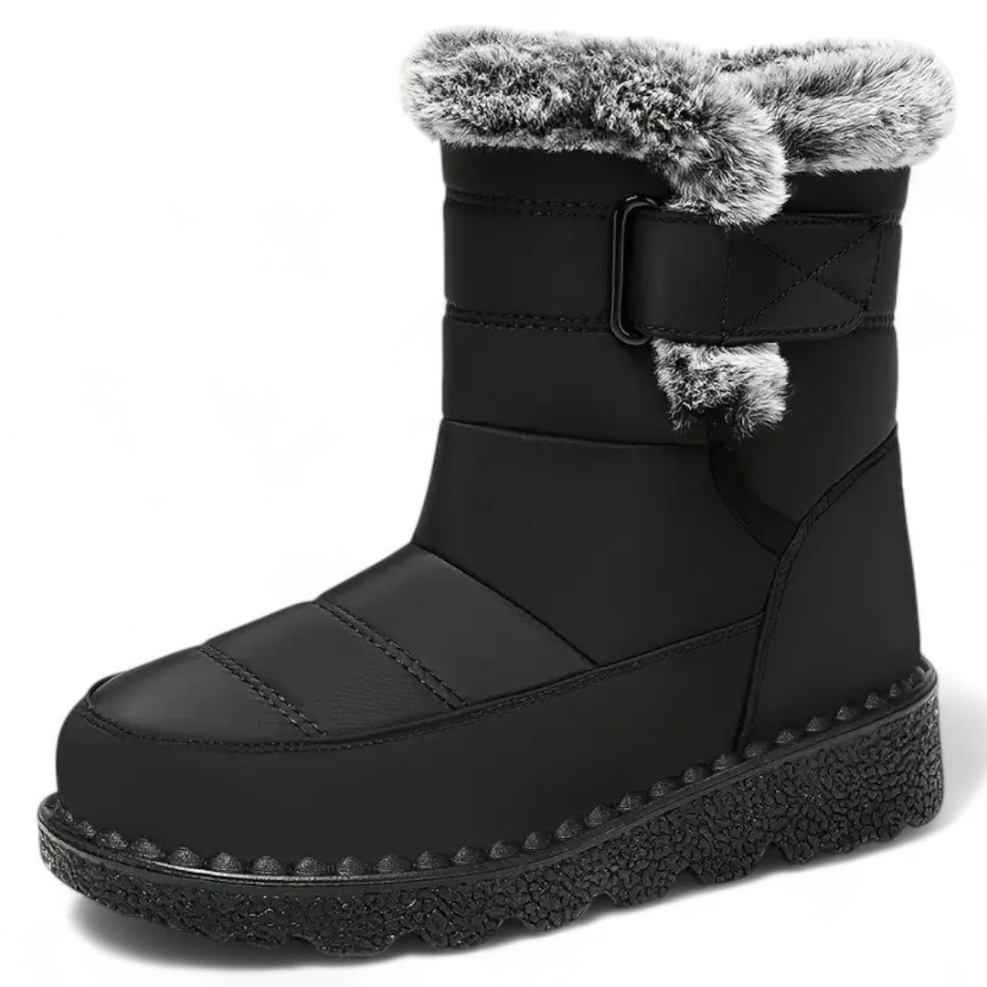 OUTDOORS NORDIC waterproof black winter boots with faux fur trim, flannel lining, and non-slip rubber soles.