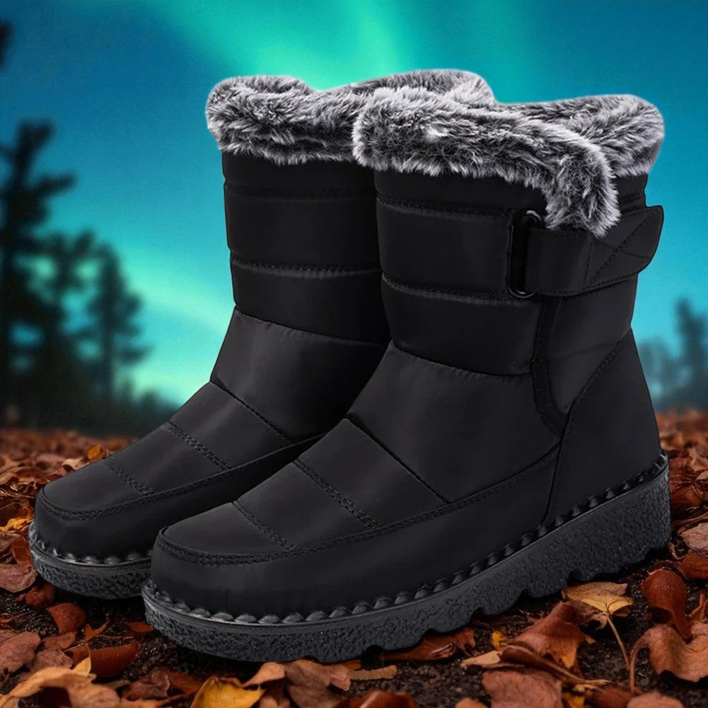 OUTDOORS NORDIC waterproof black winter boots with faux fur lining, velcro closure, and non-slip rubber soles.