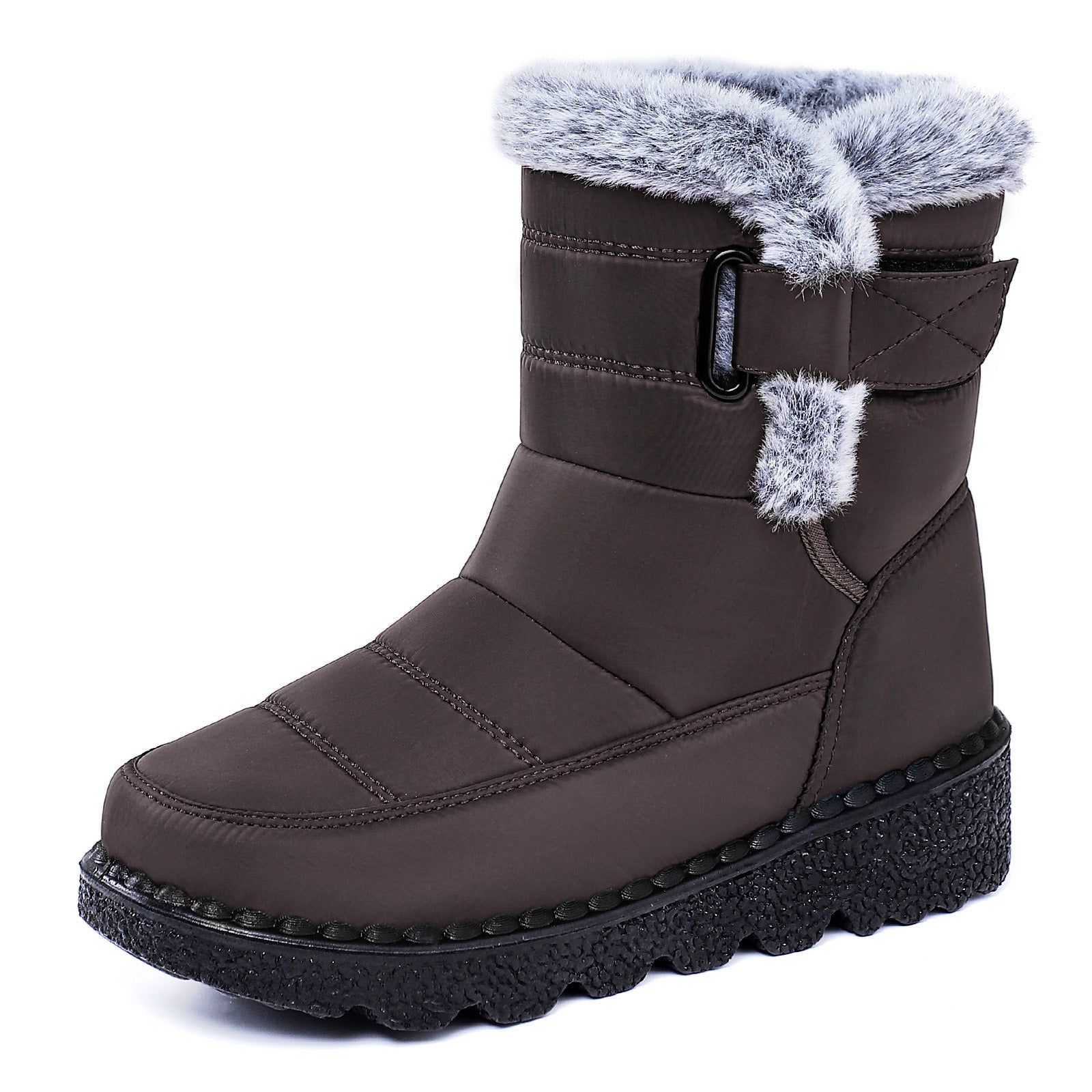 OUTDOORS NORDIC waterproof brown winter boots with faux fur trim, flannel lining, and a non-slip rubber sole.